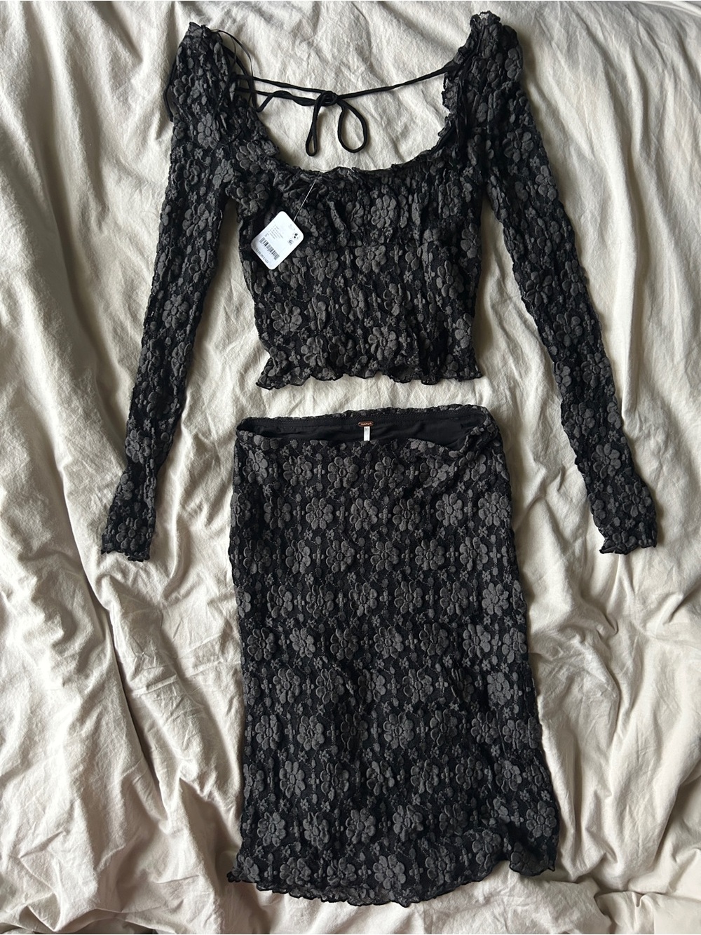 Free People Black Floral Lace Midi Skirt Set Small NWT
